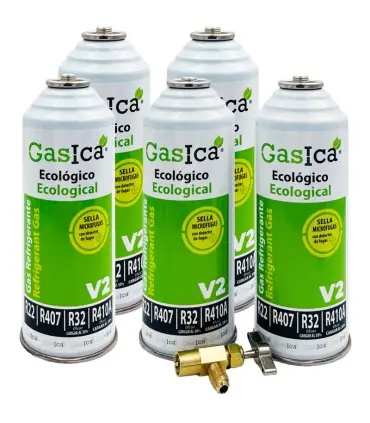 Envío Gratis Pack 5 botellas gas refrigerante GASICA V2 - R22-R32-R407-R290-R410A + llave de servicio