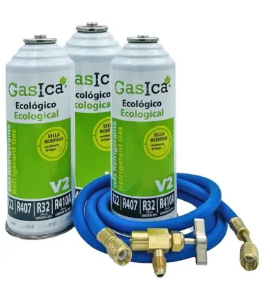 Imprescindible (Must-Have) Pack 3 botellas gas refrigerante GASICA V2 - R22-R32-R407-R290-R410A + manguera carga 1/4"x1/4" + válvula