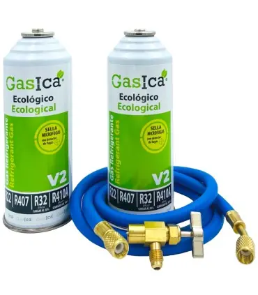 Pack gas refrigerante GASICA V2 - R22-R32-R407-R290-R410A + manguera carga 1/4"x1/4" + válvula Precio Económico
