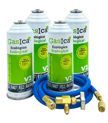 Compra Ahora Pack 4 botellas gas refrigerante GASICA V2 - R22-R32-R407-R290-R410A + manguera carga 1/4"x1/4" + válvula