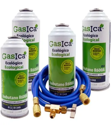 Certificado Pack 4 botellas gas refrigerante GASICA D2 - R12 R134a + manguera carga 1/4"x1/4" + válvula