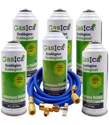 Barato Pack 6 botellas gas refrigerante GASICA D2 - R12 R134a + manguera carga 1/4"x1/4" + válvula