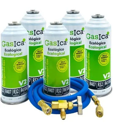 Pack 5 botellas gas refrigerante GASICA V2 - R22 R32 R407 R290 R410A + manguera carga 5/16"x1/4" + válvula Venta Final