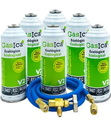 Pack 6 botellas gas refrigerante GASICA V2 - R22-R32-R407-R290-R410A + manguera carga 5/16"x1/4" + válvula Ocasión Especial