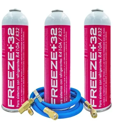 Solo Por Tiempo Limitado Pack 3 botellas gas refrigerante ecológico FREEZE+32 R410A-R32 + manguera carga 1/4"x1/4" + válvula