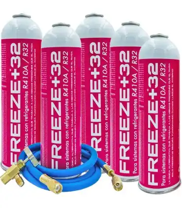 Precio Económico Pack 5 botellas gas refrigerante ecológico FREEZE+32 R410A-R32 + manguera carga 1/4"x1/4" + válvula