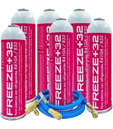 Precio De Oferta Pack 6 botellas gas refrigerante ecológico FREEZE+32 R410A-R32 + manguera carga 1/4"x1/4" + válvula