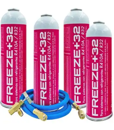 Solo Hoy Pack 4 botellas gas refrigerante ecológico FREEZE+32 R410A-R32 + manguera carga 5/16"x1/4" + válvula