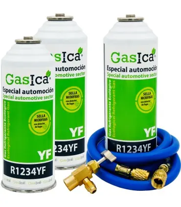 Rebajas Pack 3 botellas gas refrigerante GASICA YF - R1234yf + manguera carga 1/4"x1/4" + válvula