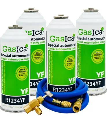 Oferta Limitada Pack 4 botellas gas refrigerante GASICA YF - R1234yf + manguera carga 1/4"x1/4" + válvula