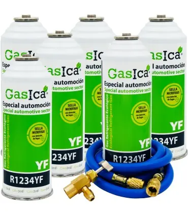 Pack 6 botellas gas refrigerante GASICA YF - R1234yf + manguera carga 1/4"x1/4" + válvula Precio Económico