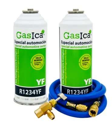Precio Rebajado Pack gas refrigerante ecológico GASICA YF - R1234yf + manguera carga 5/16"x1/4" + válvula