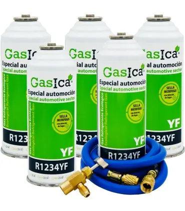 Pack 5 botellas gas refrigerante GASICA YF - R1234yf + manguera carga 5/16"x1/4" + válvula Mejor Precio