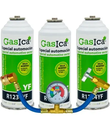 Certificado Pack 3 botellas gas refrigerante GASICA YF - R1234yf + manómetro
