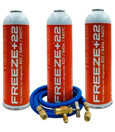 Pack 3 botellas gas refrigerante ecológico FREEZE+22 R22 R404 R407C + manguera carga 1/4"x1/4" + válvula No Te Lo Pierdas