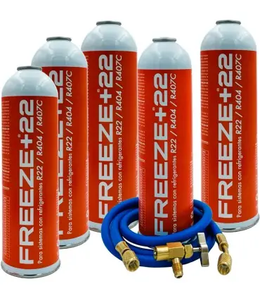 Pack 5 botellas gas refrigerante ecológico FREEZE+22 R22 R404 R407C + manguera carga 1/4"x1/4" + válvula No Te Lo Pierdas