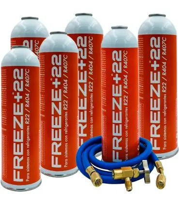 Barato Pack 6 botellas gas refrigerante ecológico FREEZE+22 R22 R404 R407C + manguera carga 1/4"x1/4" + válvula
