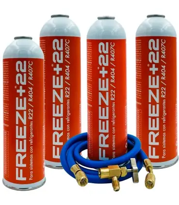 Pack 4 botellas gas refrigerante ecológico FREEZE+22 R22 R404 R407C + manguera carga 5/16"x1/4" + válvula Oferta De Temporada
