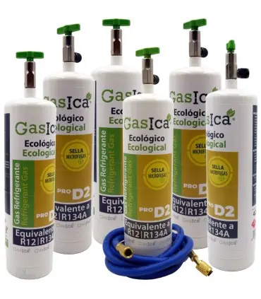 Mejor Precio Pack 6 botellas gas refrigerante GASICA PRO D2 - R12 R134a + manguera carga 1/4"x1/4"