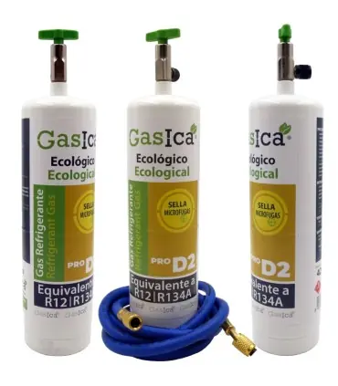 Pack 3 botellas gas refrigerante GASICA PRO D2 - R12 R134a + manguera carga 5/16"x1/4" Envío Inmediato