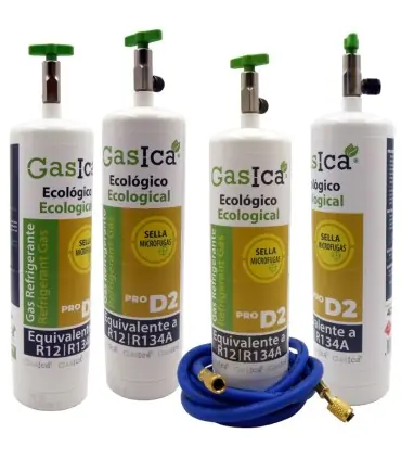 Precio Bajo Pack 4 botellas gas refrigerante GASICA PRO D2 - R12 R134a + manguera carga 5/16"x1/4"
