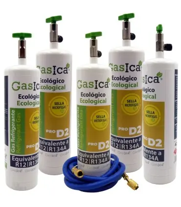 Entrega Rápida Pack 5 botellas gas refrigerante GASICA PRO D2 - R12 R134a + manguera carga 5/16"x1/4"