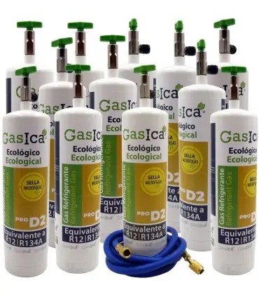 Pack 12 botellas gas refrigerante GASICA PRO D2 - R12 R134a + manguera carga 5/16"x1/4" Últimas Unidades