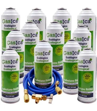 Pack 12 botellas gas refrigerante GASICA D2 - R12 R134a + manguera carga 1/4"x1/4" + válvula Última Oportunidad