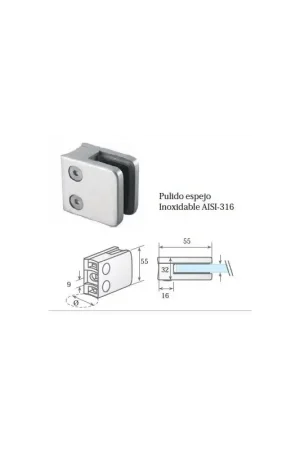 Clip prensacristal cuadrado 55X55X32 mm Últimas Unidades