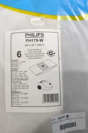 Más Vendido BOLSA ASPIRADOR PHILIPS, PAQUETE 6 BOLSAS, CARTON 94/97/108MM, DIAMETRO 45MM, RECANBIU ALTERNATIVO, VER FOTO MODELOS Y MARCAS COMPATIBLES, PH179-W