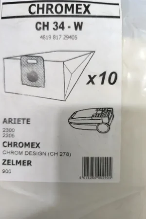 BOLSA ASPIRADOR ARIETE, CHROMEX, ZELMER,CAJA 10 BOLSAS PAPEL, CARTON 83MM, DIAMETRO 37MM, CH34-W Certificado