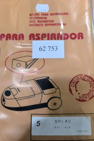 BOLSA ASPIRADOR SOLAC, 753,921,925, CAJA 5 BOLSAS PAPEL, CARTON 74/92MM, DIAMETRO 48MM, 62753 Precio Reducido