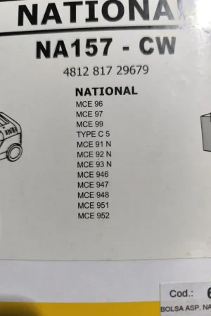Solo Por Tiempo Limitado BOLSA ASPIRADOR NATIONAL, PANASONIC, CAJA 5 BOLSAS, CARTON 110MM, DIAMETRO 49MM, VA157-CW