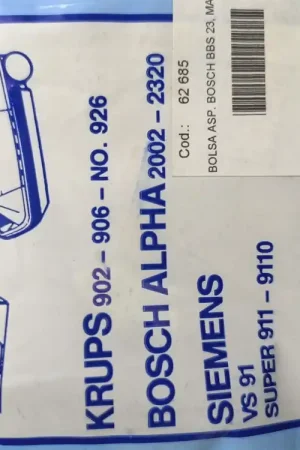 BOLSA ASPIRADOR BOSCH, SIEMENS, KRUPS, CAJA 10 BOLSAS+1 FILTRO, CARTON 86/94/110, DIAMETRO 49MM, 62685 Oferta Flash