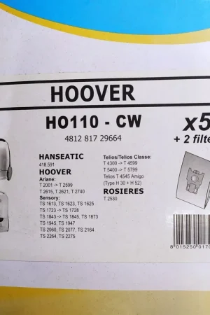 Venta Final BOLSA ASPIRADOR HOOVER, VER FOTO MODELOS MARCAS, CAJA 5 BOLSAS PAPEL+2 FILTROS, RECAMBIO ALTERNATIVO,HO110-CW