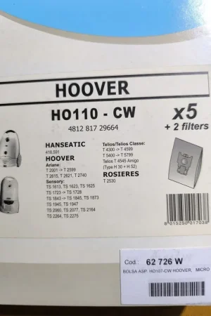 BOLSA ASPIRADOR HOOVER, CAJA 5 BOLSAS +2 FILTROS, VER FOTO MODELOS COMPATIBLES, HO110-CW Pago Seguro