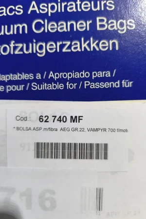 BOLSA ASPIRADOR AEG, VAMPYR700, GR22, MICROFIBRA, CAJA 5 BOLSAS, 62740MF Stock Limitado