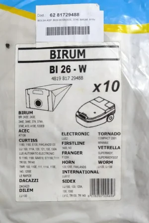 BOLSA ASPIRADOR TORNADO, PAQUETE 10 BOLSAS, VER MODELOS COMPATIBLES, MBI26-W Promoción Exclusiva